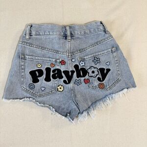 PLAYBOY X PACSUN FUNNY BUNNY VINTAGE HIGH WAISTED DENIM JEAN CUT OFF SHORTS 24